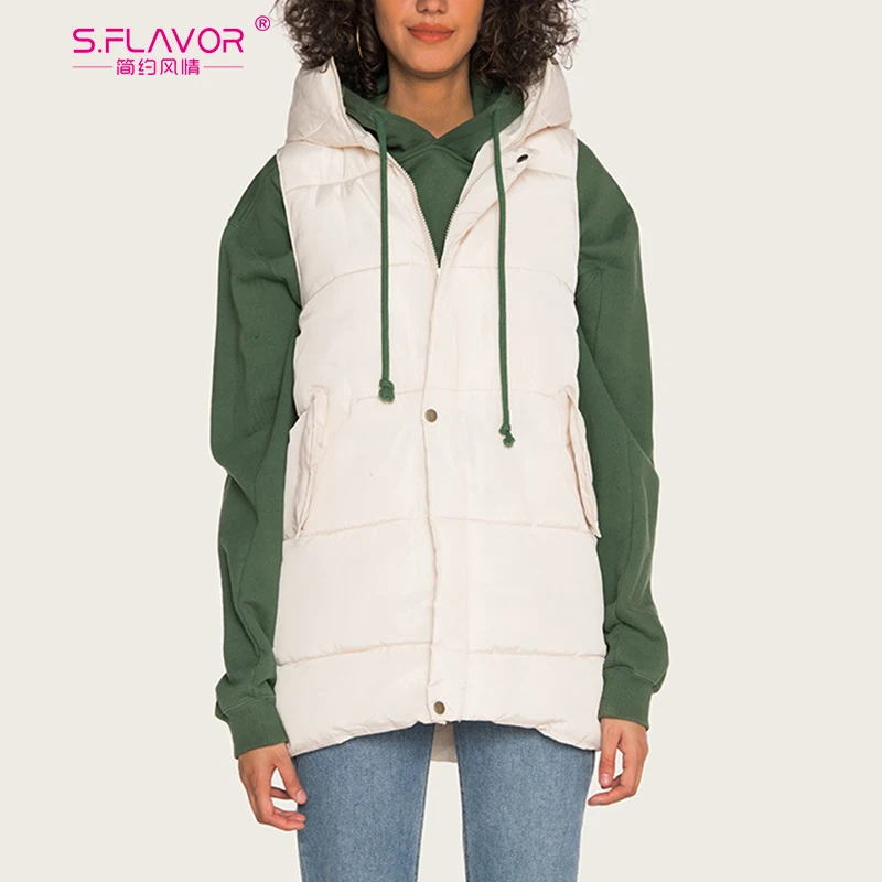 

S.FLAVOR Autumn Winter Thin Hooded Slim Outerwear Casual Women Solid Color Vest female Sleeveless Warm Waistcoat Jacket