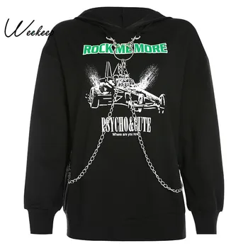 

Weekeep Streetwear Printed Long Hoodies Women Black Metal Chain Patchwork Hooded Sweatshirt Fashion Loose Pullover Hoodie Women