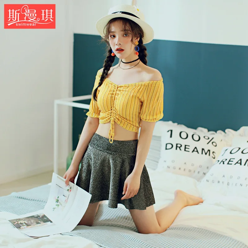 

Si man qi Two-piece Swimsuits Skirt-Conservative Stripes Lace-up Short Sleeve Sexy Push up Students Hot Springs Tour Bathing Sui