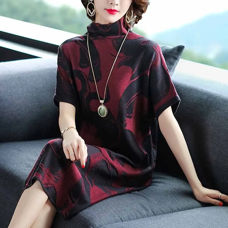 

High Collar Loose-Fit Slimming Elegant Jersey Dress Children 2019 Autumn New Style Mid-length over-the-Knee Sweater Dress