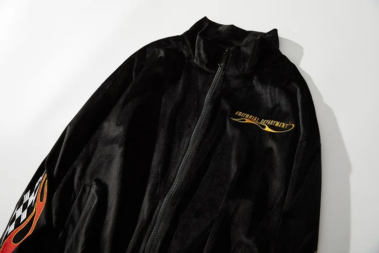 UNCLEDONJM бархатный пиджак с вышивкой пламени+ брюки, комплект из 2 предметов, мужские костюмы в стиле хип-хоп, мужской комплект, мужская повседневная куртка на молнии, уличная куртка, TZ01