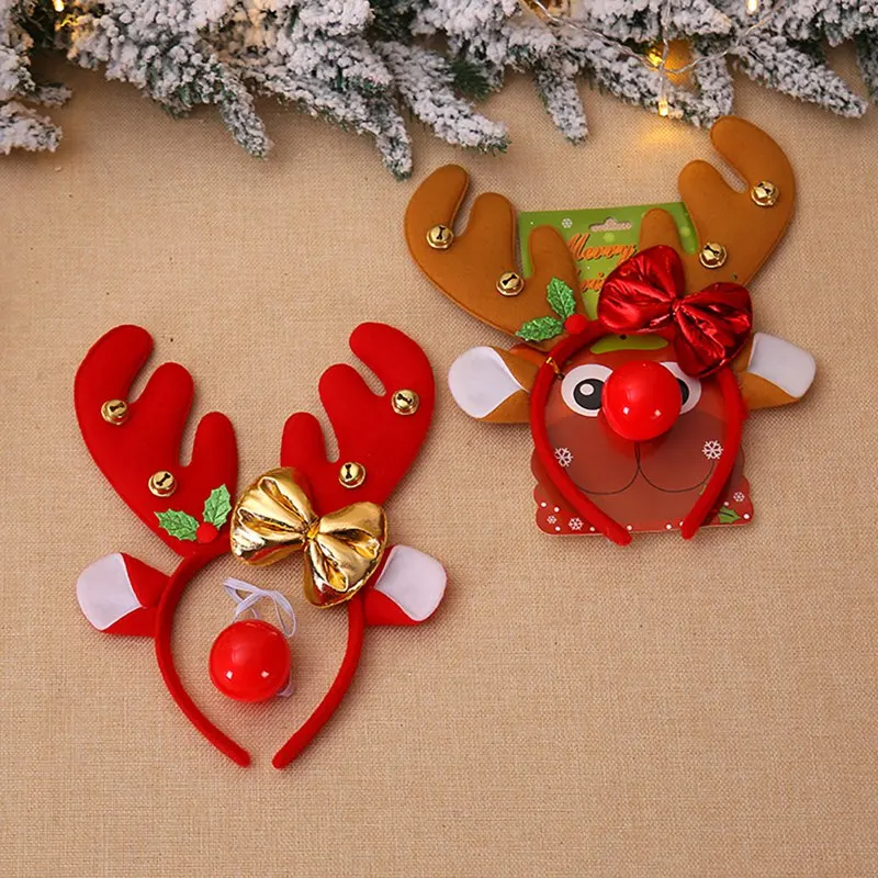 Christmas Reindeer Antler Headband With Red Rudolph Nose Xmas Party Costumes Headwear Accessories Gifts Christmas Decorations