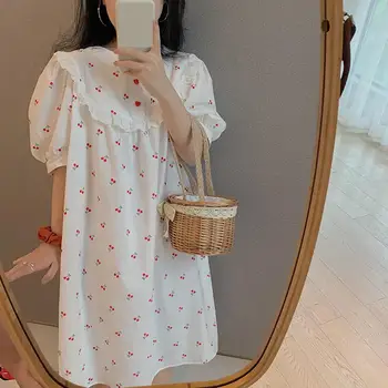 

Summer Autumn Korean Version Of The New Sleepwear Fresh Sweet Style Round Neck Cherry Printed Short-sleeved Cotton Nightdress