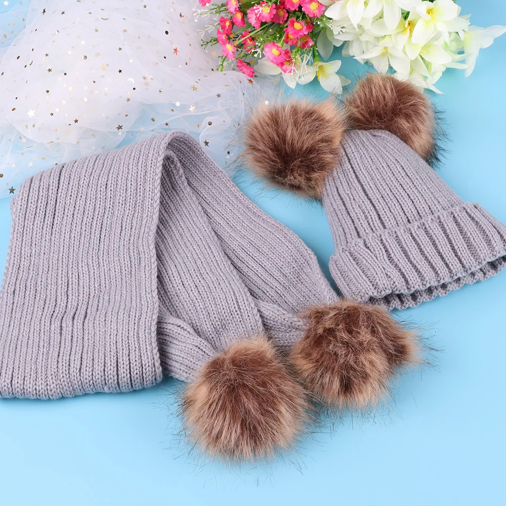 Winter Hat Scarf Set For 1-10 Years Boys Girls Children Cotton Warm Pom Poms Double Hair Ball Scarf Hats Twinset