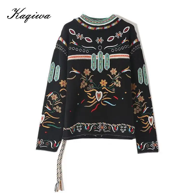 2020 Winter heavy industry embroidery retro national style three-dimensional jacquard drawstring knitted sweater female B-013 | Женская
