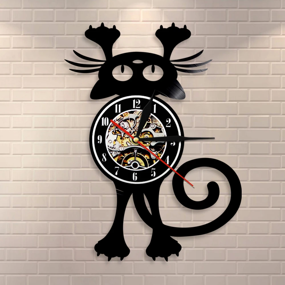 Cat Wall Clock For Pet Owners Funny Kitten Wall Art Black Cat Vinyl