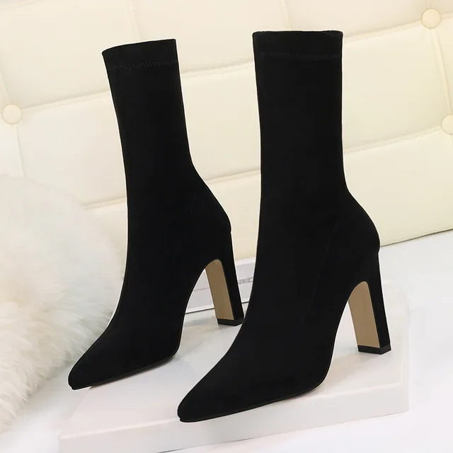 $US $22.45 Plus Size High Heel Boots Sock Women 2019 Flock Shoes Sexy Party Thick Heel Ankle Booties Female Wi