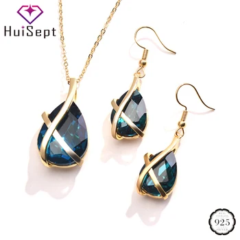 

HuiSept Trendy Jewelry Set 925 Silver Earrings Water Drop Shape Sapphire Pendant Necklace for Women Wedding Ornaments Gold Color