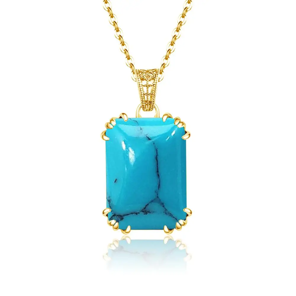 

14K Gold Plated Pendant Necklace For Women Real 925 Sterling Sliver Pendant Gemstone Rectangle Shiny Trendy Fine Jewelery Luxury