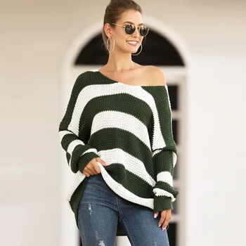 

MY6321 Loose Knitted Sweater Stripe Women Casual Ladies Sweater Long Sleeve V-neck Women Tops Sweaters Pullovers