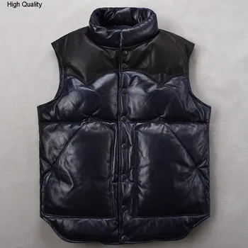 

Winter Men's Genuine Leather Down jacket sleeveless sheepskin Vest Stand collar Slim Short Thick Waistcoat Keep warm clothing