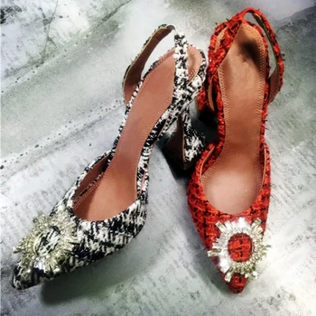 

Fashion Design Crystal Sun Buckle Real Leather Pointed Toe Women Sandals Back Strap Clear Heels Ladies Pumps Shoes Woman 2020