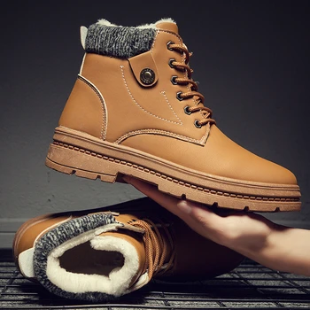 

Men Boots Winter Pu Leather Plus Velvet Men Ankle Boots Solid Lace Up Casual Shoes Men High Quality Design Keep Warm Men Shoes