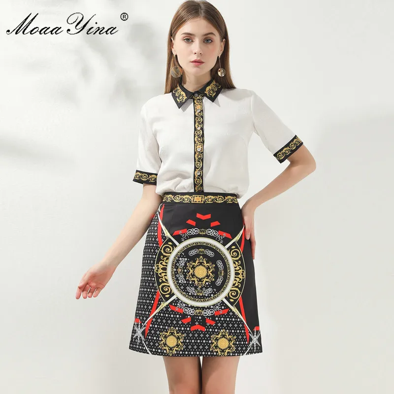 

MoaaYina Fashion Designer Set Spring Summer Women Short sleeve Shirt Tops+Print Skirt Two-piece set