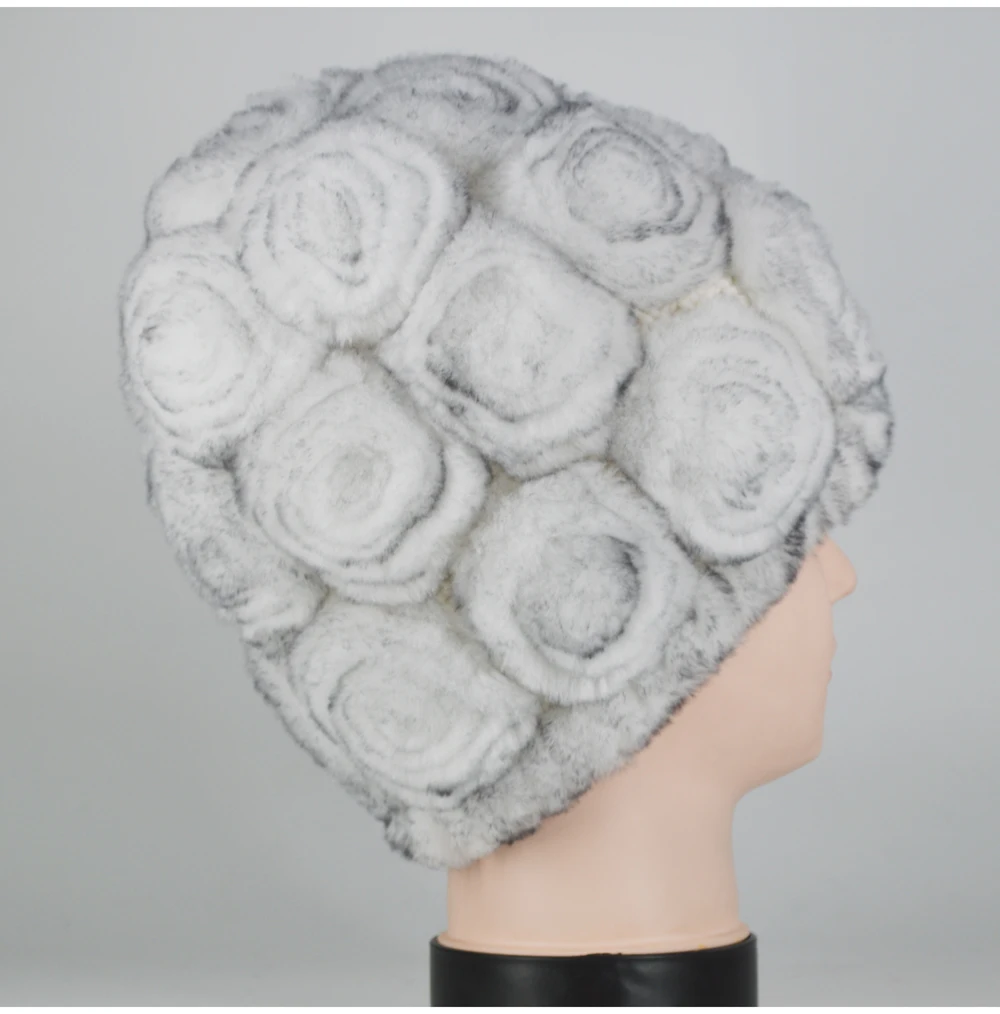 Winter Rex Rabbit Fur Hat Women Knitted Natural Rex Rabbit Fur Flowers Beanies Hats Warm Soft Real Rex Rabbit Fur Caps