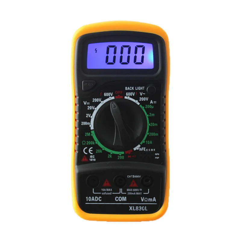 

XL830L Portable Digital Multimeter AC/DC Ammeter Voltmeter Ohm Handheld Mini Tester Meter LCD Backlight Resistance Transistors