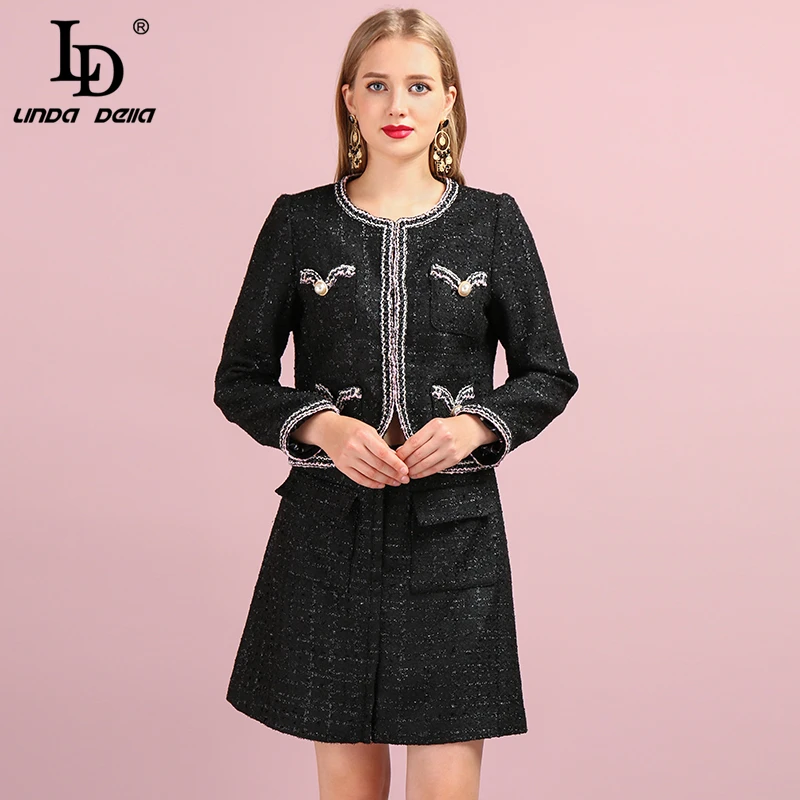 LD Linda della осень Для женщин короткая юбка костюм модный дизайнерский костюм с длинным рукавом трикотажные блузки+ мини-юбка Двойка комплект