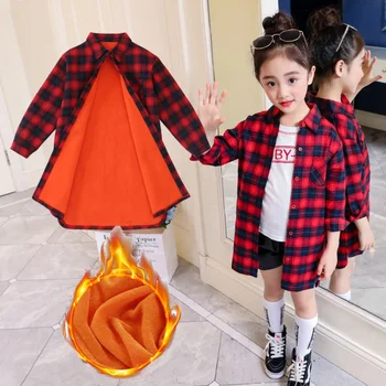 

Blouses For Girls Plaid Thick Warm Children's Shirts Party Winter Girls Clothes Christmas Gif Kids Plus Velvet Cotton Shirt