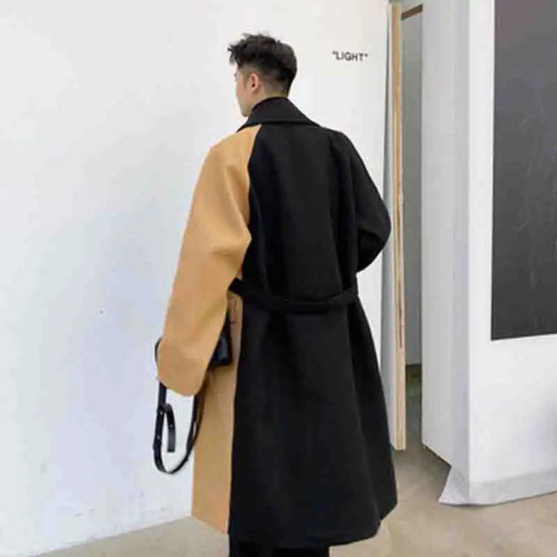 

Осенне-зимнее Новое повседневное шерстяное пальто с цветным галстуком, красивое свободное Мужское пальто средней длины с большими лацканами