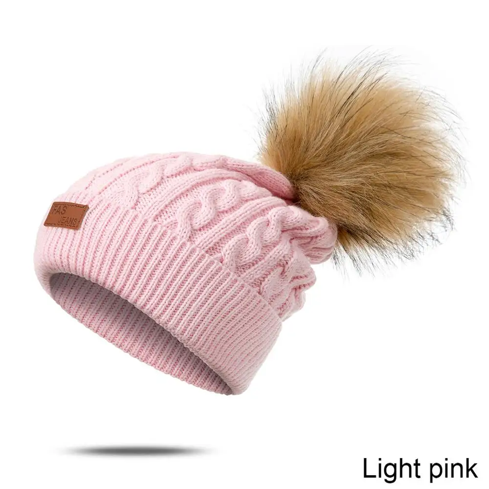 Evrfelan Winter Pompom Beanies Hat Women Knitted Skullies Hat Female Casual Women's Cap Solid Color Beanie Hat Adult Cap - Цвет: light pink