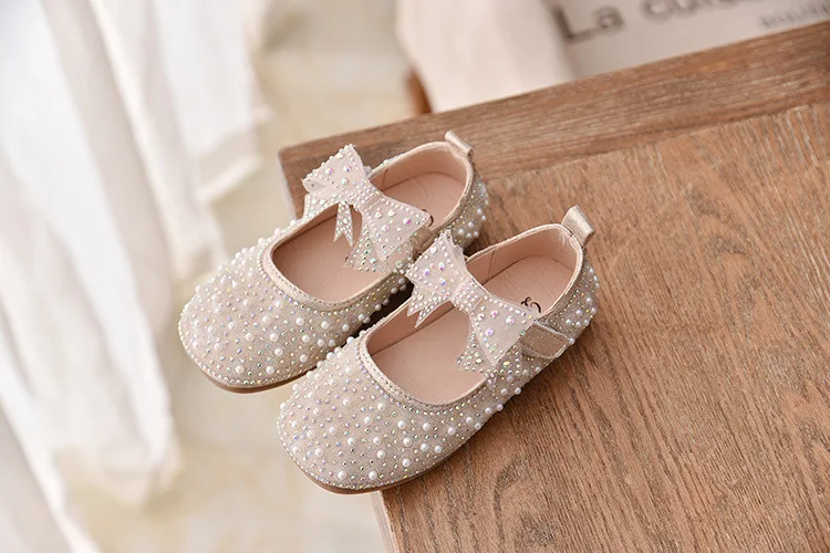 New Girls Single Princess Shoes Pearl Shallow Children's Flat Shose Kid Baby Bowknot Shoes 2022 Spring Autumn B207