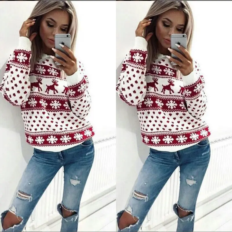 Women Christmas Sweater Fashion Reindeer Printed Slim Jumper Sweaters Casual Long Sleeve O-Neck Pullovers X-mas Gifts