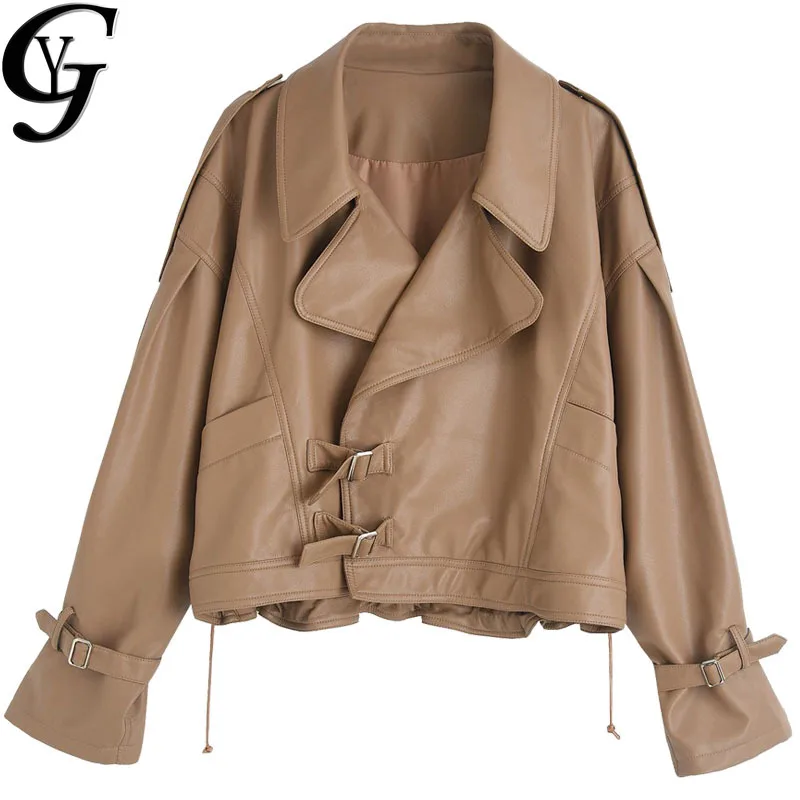 

2020 Ulzzang Outwear Faux Leather Jacket for Women Casual Solid Oversized Leather Coat Female Motocycle Streetwear Fall Jacket