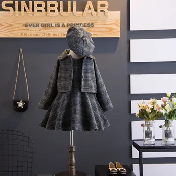 

Children Girls Clothing Set for kids Girls Dress Coat Ball Gown Dress Hat 3 Pieces baby Fashion Plaid Clothing Spring Winter