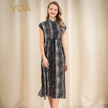 

VOA new silk with black and white striped print straps to waist loose comfortable straight sleeveless party dress women AH258