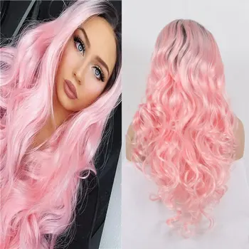 

BM Black Rooted Living Pink Body Wave Synthetic 13*3 Lace Front Wig Heat Resistant Fiber Hair Natural Hairline For Women Wigs