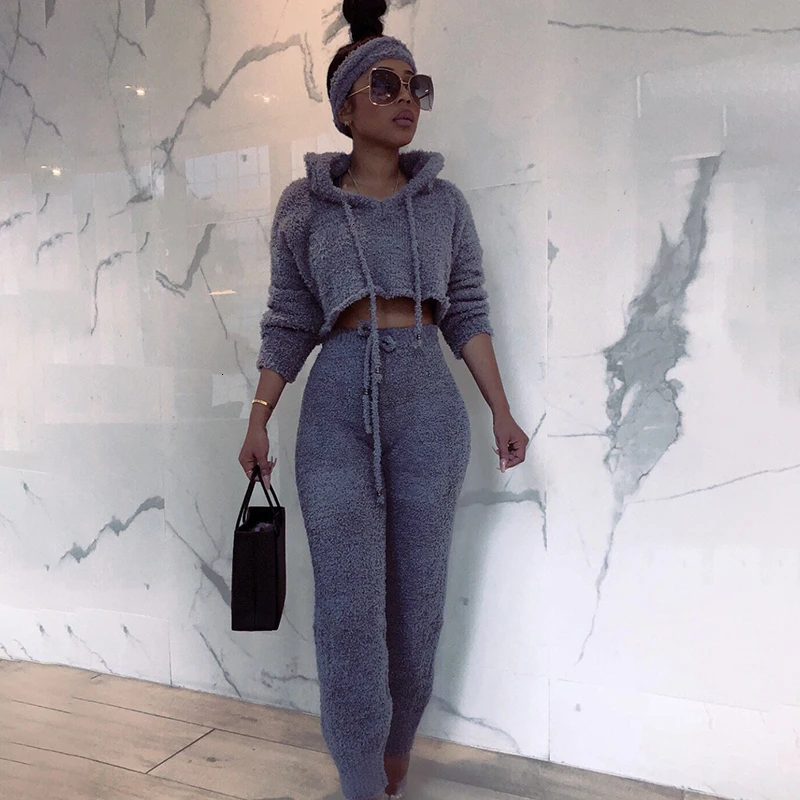 Dressmecb/свитер комплект из двух предметов, укороченный топ с капюшоном и длинные штаны повседневные Женский комплект 2 шт. г. Aumntun зимняя одежда