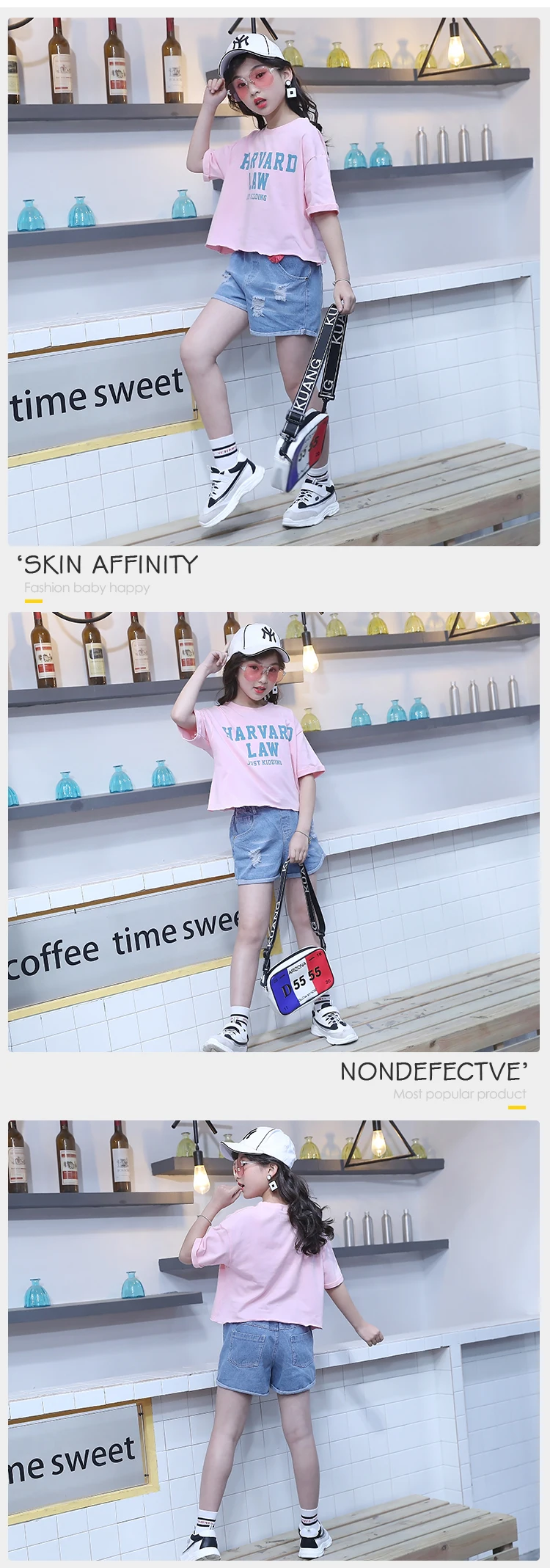 Casual Korea Street Style Kids Children Clothing Set Girls Two Piece Tee-shirt And Denim Shorts Matching Outfit Set