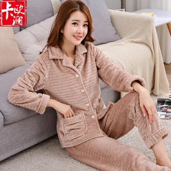 

Thick Coral Velvet Pajamas WOMEN'S Suit Winter New Style Warm Flannel Tracksuit Fold-down Collar WOMEN'S Pajamas