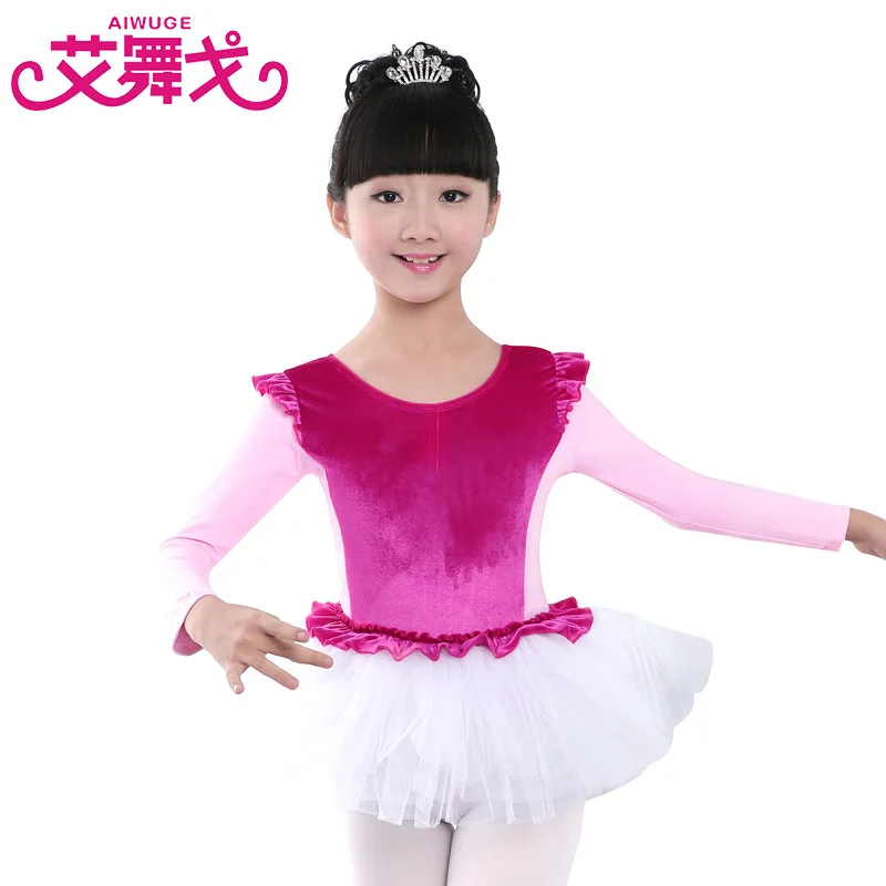 CHILDREN'S Dancing Clothes Children Dance Skirt Exercise Clothing Long Sleeve Performance Gold Velvet Girls Puffy Mesh Dress Per