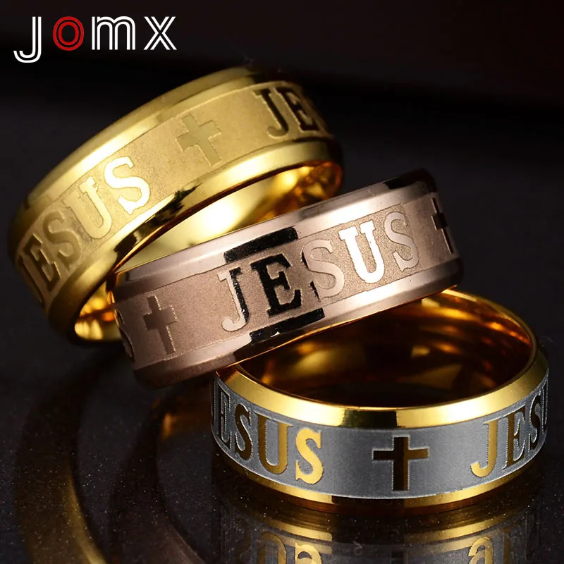 

Jomx Titanium Steel 8mm Clasic Cross Jesus Letter Wedding Band Rings Black Rose Gold Color for Women Men Prayer Ring