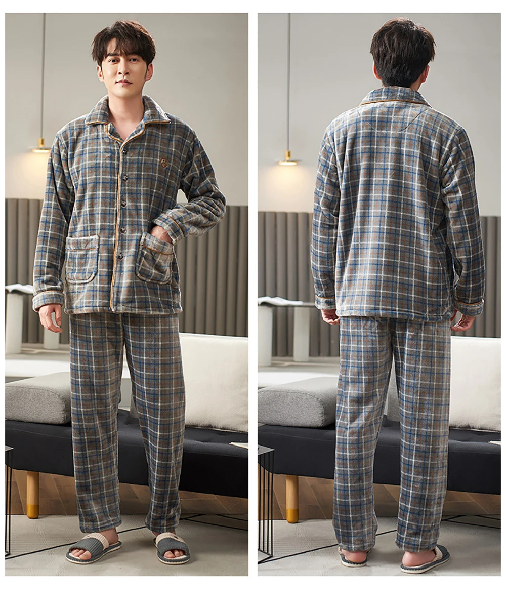 Flannel Pajama Sets Men Winter Men's Pajamas Thick Warm Lounge Set Fashion Striped Embroidery Male Pijama Casual Loungewear 3XL mens lounge wear