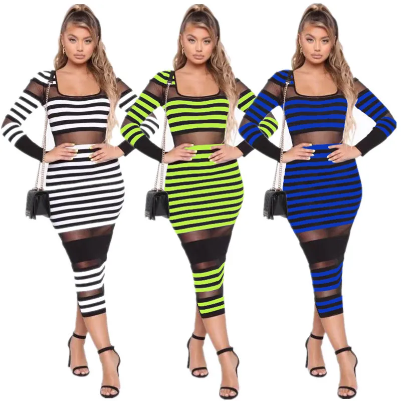 

HAOYUAN Neon Green Mesh Sheer Striped Sexy Bodycon Dress Women Fall Clothes Midi Vestidos Long Sleeve Elegant Party Club Dresses