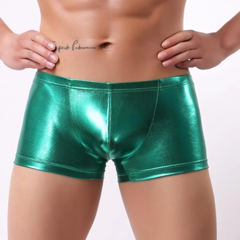 

PU Leather Underpants Men Plus Size M-3XL Boxers Mens U Convex Pouch Boxers Black Nylon Sexy Shorts Male Gay Underwear