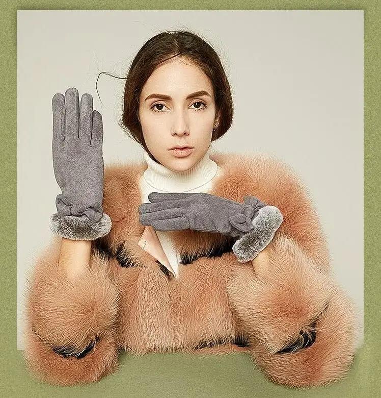 H9888 Women Gloves Ladies Autumn Winter Plus Velvet Warm Thermal Suede Mittens Students Touch Screen Riding Anti-skid Hand Muff