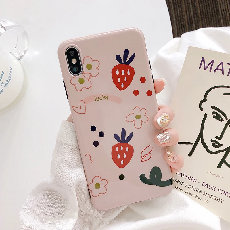 Мультяшный клубничный цветочный чехол для iPhone X XR 6 S 7 8 Plus глянцевый мягкий |
