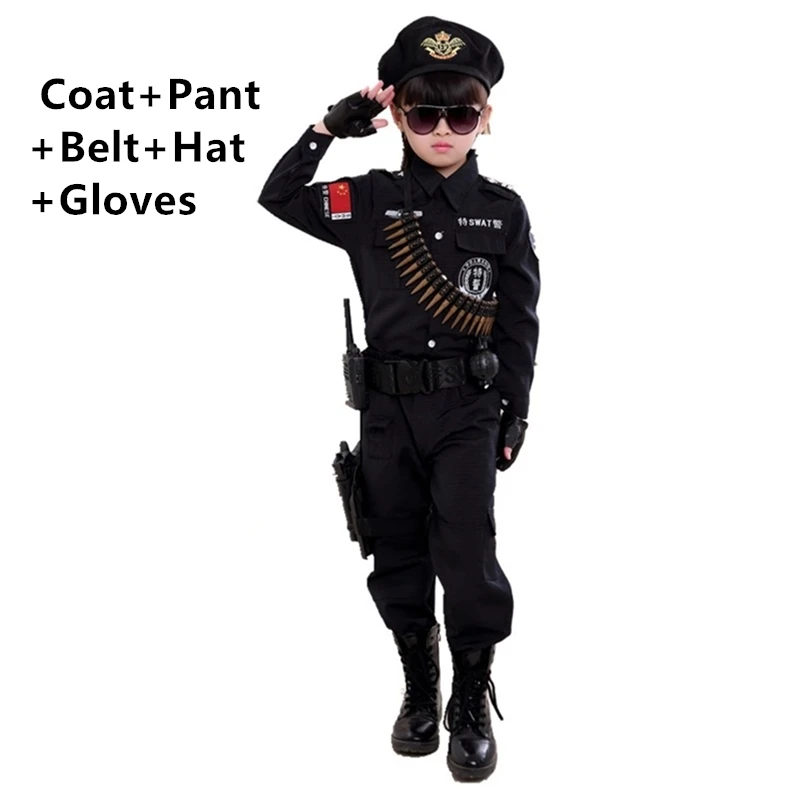 Set Belt Gloves Hat Костюмы полицейских для мальчиков; Детский костюм для косплея в стиле армии полиции; комплект одежды; сценический костюм с длинными рукавами - Цвет: Set Belt Gloves Hat
