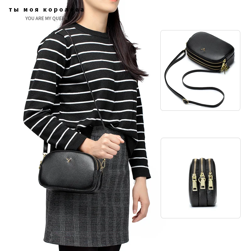 

Fashion Genuine Leather Three-layer Zipper Small Shoulder Bag Luxury Women's Handbags Crossbody Bag Women Phone Messenger Bags