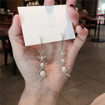 

earings silver sterling 925 set Long party modern pearl The Mosaic zircon stud earrings Pure silver shiny The girls like
