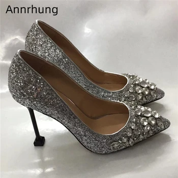 

Bling Sequined Cloth Dress Shoes Woman Sexy Pointed Toe Goblet Heel Jeweled Crystal Slim Pumps High Heel Shoes Zapatos Mujer