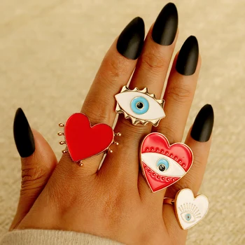 

2020 Fashion Gold Adjustable Rings Steampunk Enamel Red White Evil Eye Heart Rings for Women Boho Lady Ring Party Jewelry Gifts