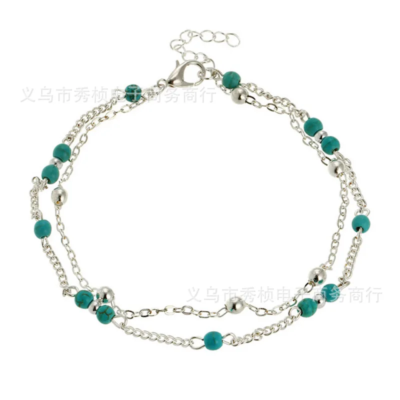 

European And American Minimalist Turquoise Anklet Handmade Curved Needle Turquoise CCB Beads Connection Foot Ornaments Simple Do