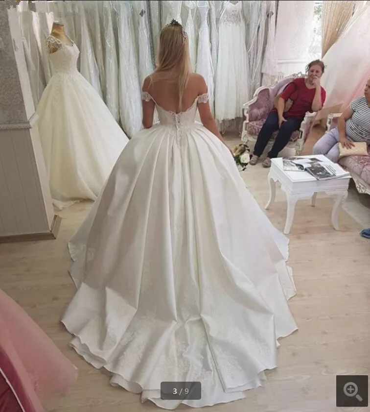 Robe de soiree белые кружевные аппликации бальное платье элегантные свадебные платья с открытыми плечами v-образный Вырез свадебные платья принцессы распродажа