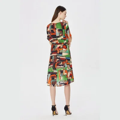 

Summer Dress Women Vintage Elegant Printted One Neck Female Dresses Party Club Milk 100% Silk Dress Robe Vestidos LX1724