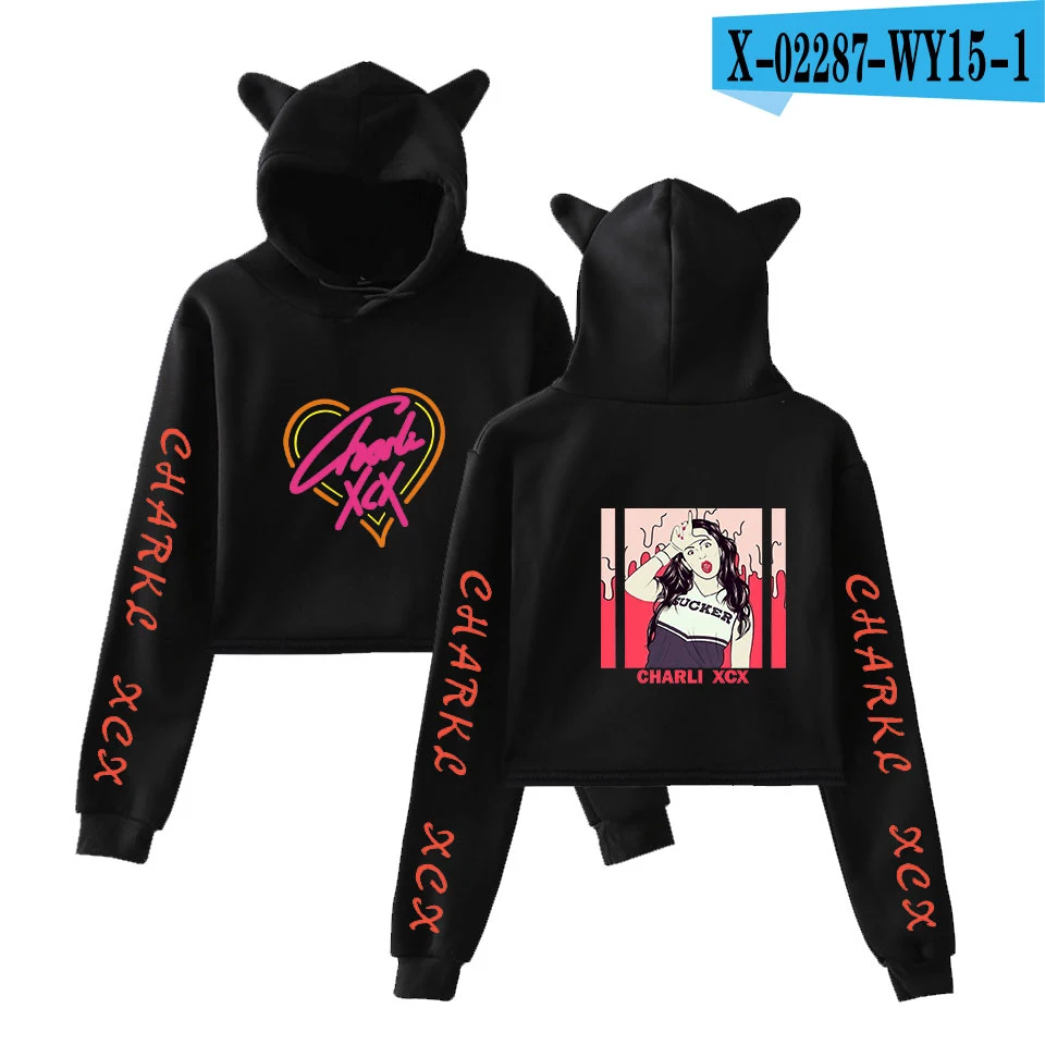 As picture Модные Charli XCX кошачьи уши Повседневные Удобные толстовки с капюшоном для женщин поп кроп топ толстовки женские худи для девочек белые пуловеры толстовка - Цвет: As picture