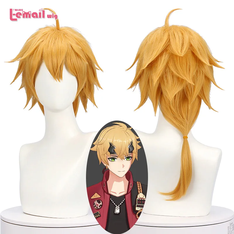 

L-email wig Thoma Wig Genshin Impact Cosplay Long Yellow Men Wigs with Ponytail Synthetic Hair Heat Resistant Halloween